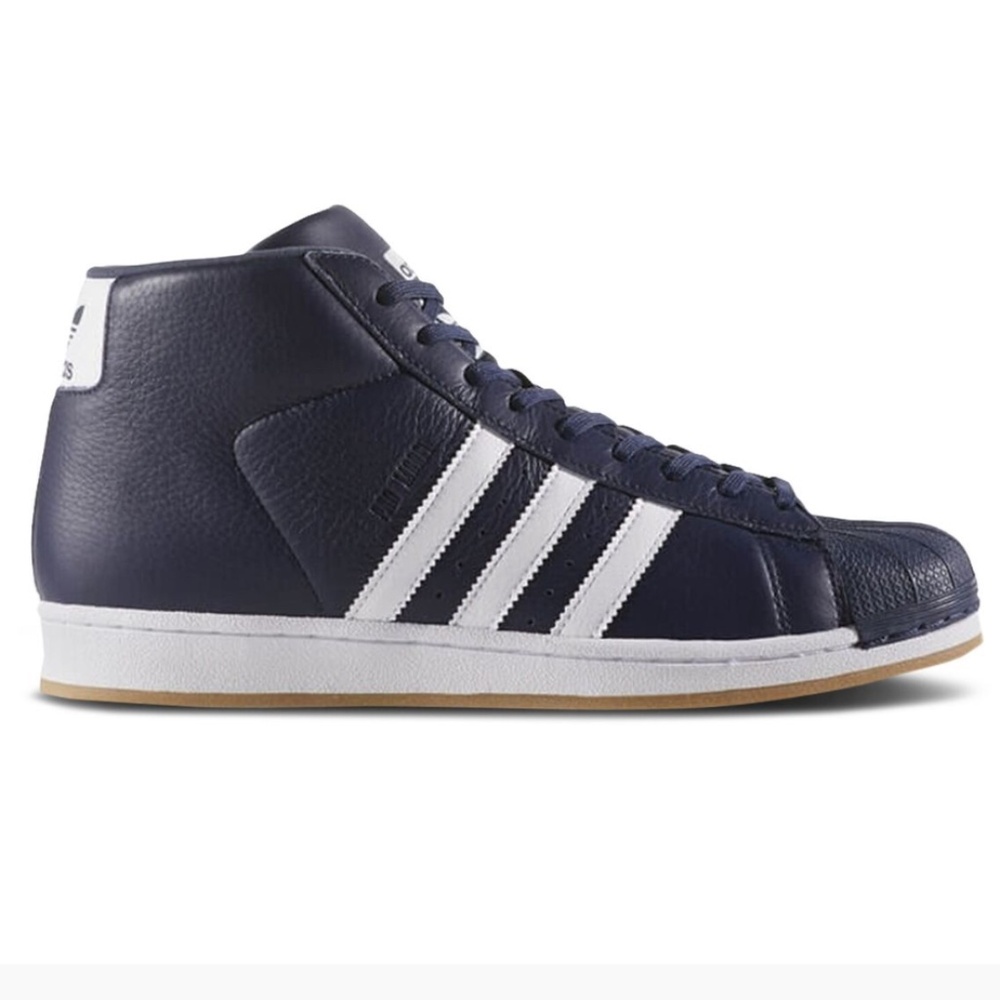 Men’s adidas mid top navy and white sneakers, 8.5